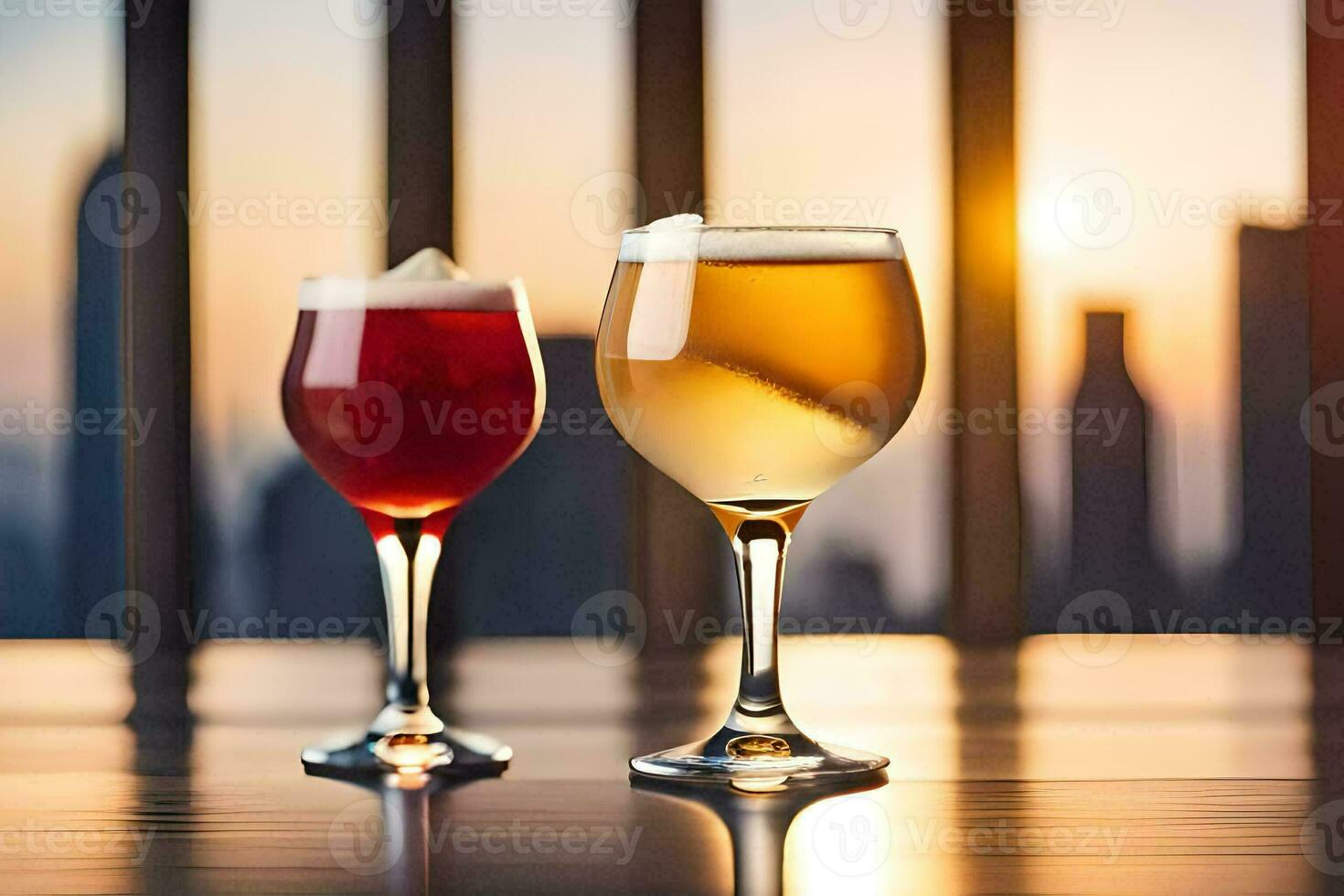 zwei Brille von Alkohol auf ein Tabelle mit ein Stadtbild im das Hintergrund. KI-generiert foto