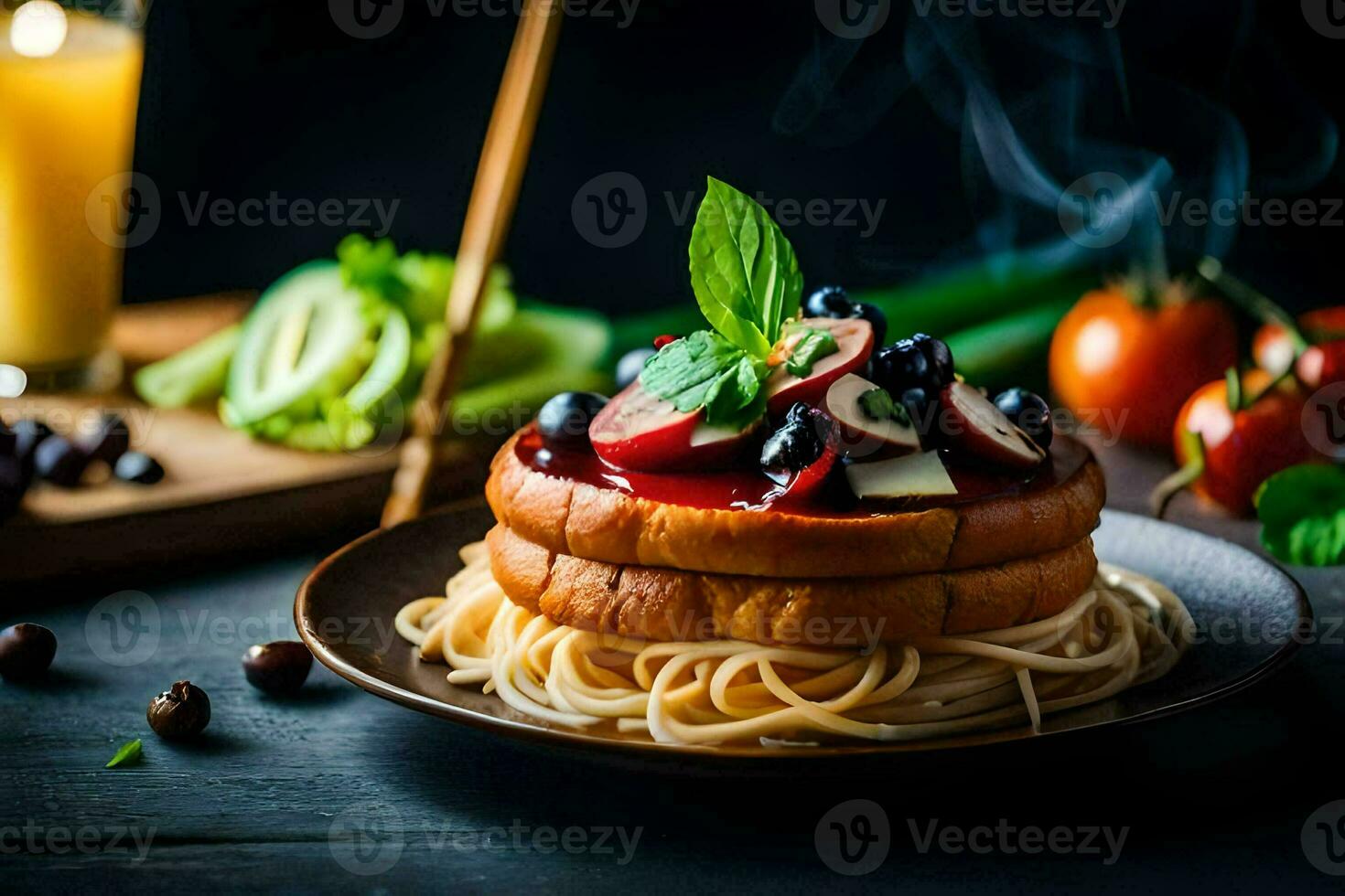 ein Teller von Pasta mit Tomaten und Basilikum Blätter. KI-generiert foto