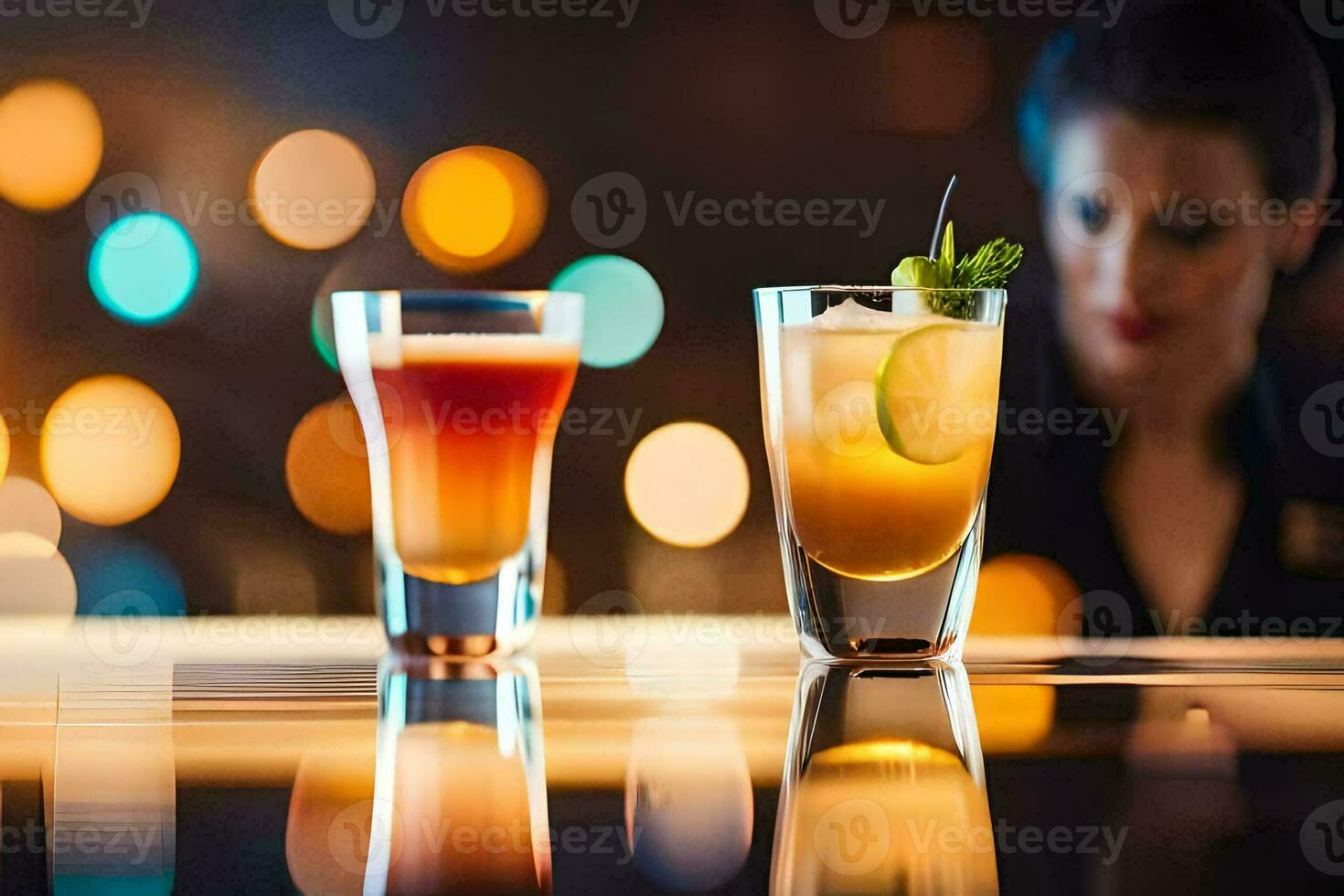 zwei Brille von Cocktails auf ein Bar Schalter. KI-generiert foto