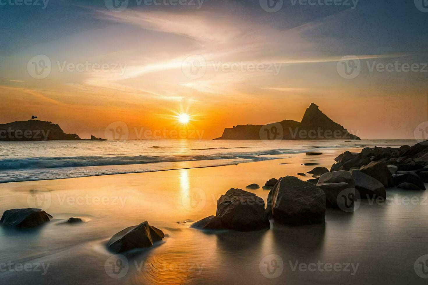 das Sonne setzt Über das Ozean und Felsen auf das Strand. KI-generiert foto