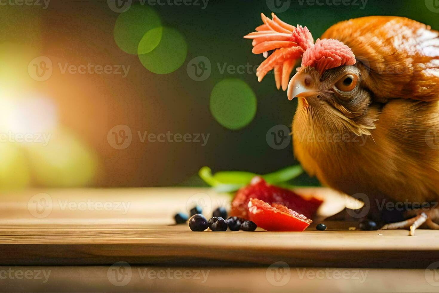 ein Hähnchen mit ein rot Kopf und ein rot Schnabel. KI-generiert foto