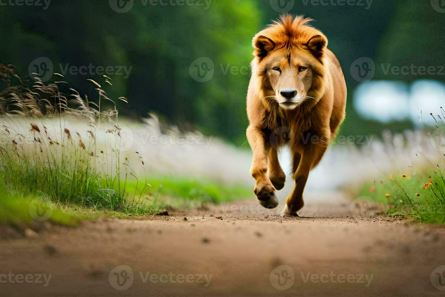 ein Löwe Laufen auf ein Schmutz Straße. KI-generiert foto