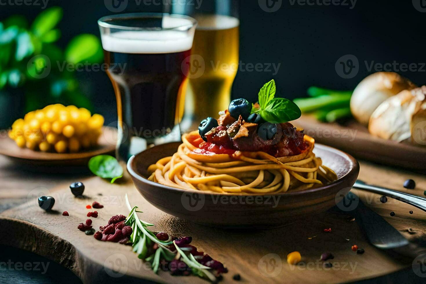 Spaghetti mit Fleischklößchen und Tomate Soße auf ein hölzern Tisch. KI-generiert foto