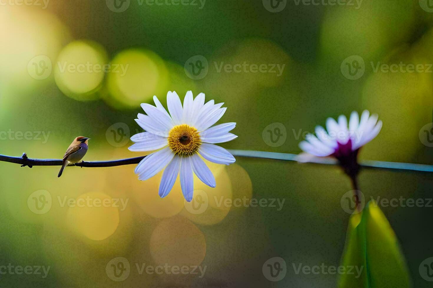 ein klein Vogel sitzt auf ein Ast mit ein Blume. KI-generiert foto