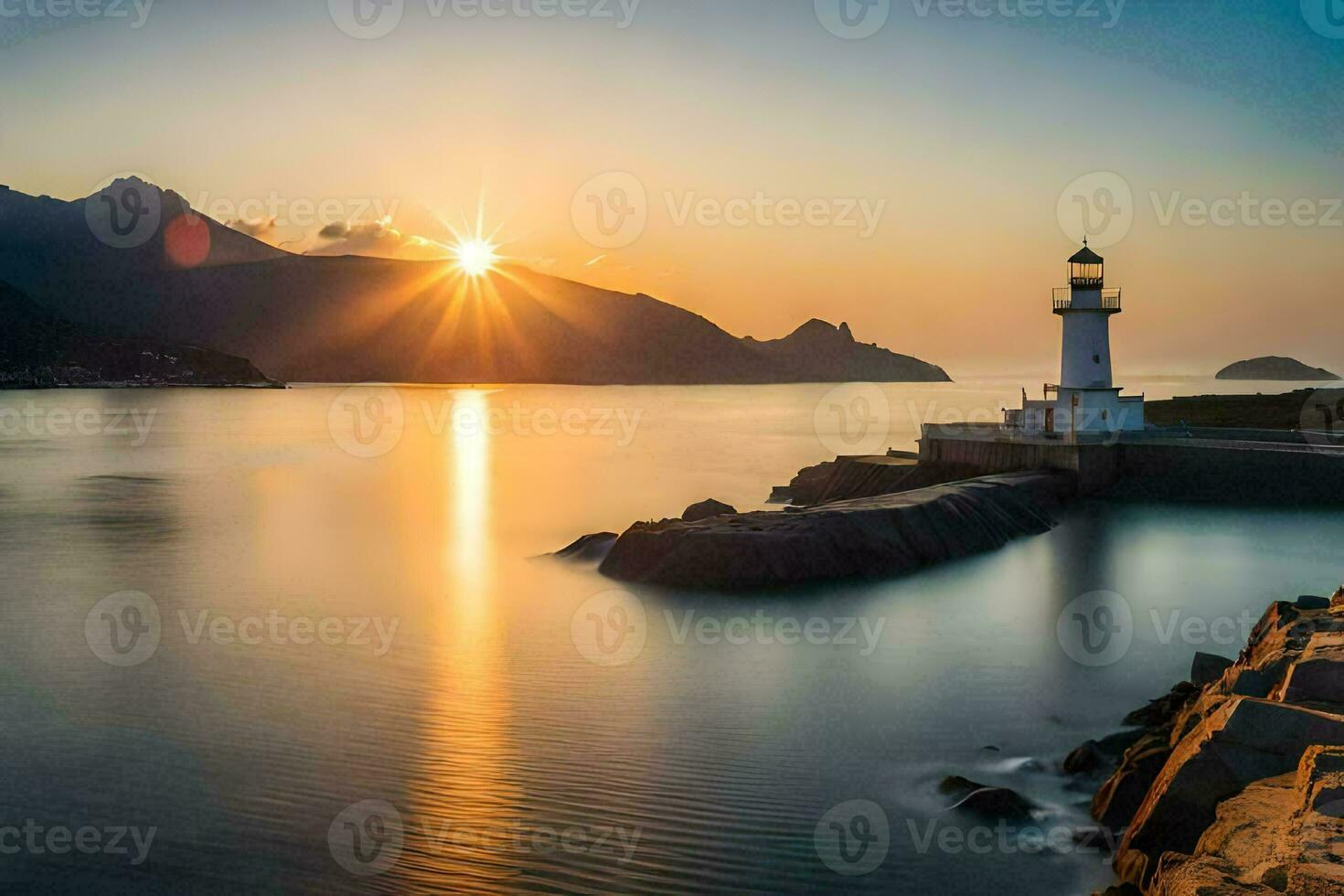 ein Leuchtturm beim Sonnenuntergang im das Ozean. KI-generiert foto