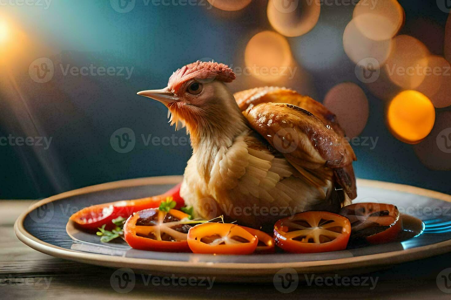 ein Hähnchen ist Sitzung auf ein Teller mit Tomaten. KI-generiert foto