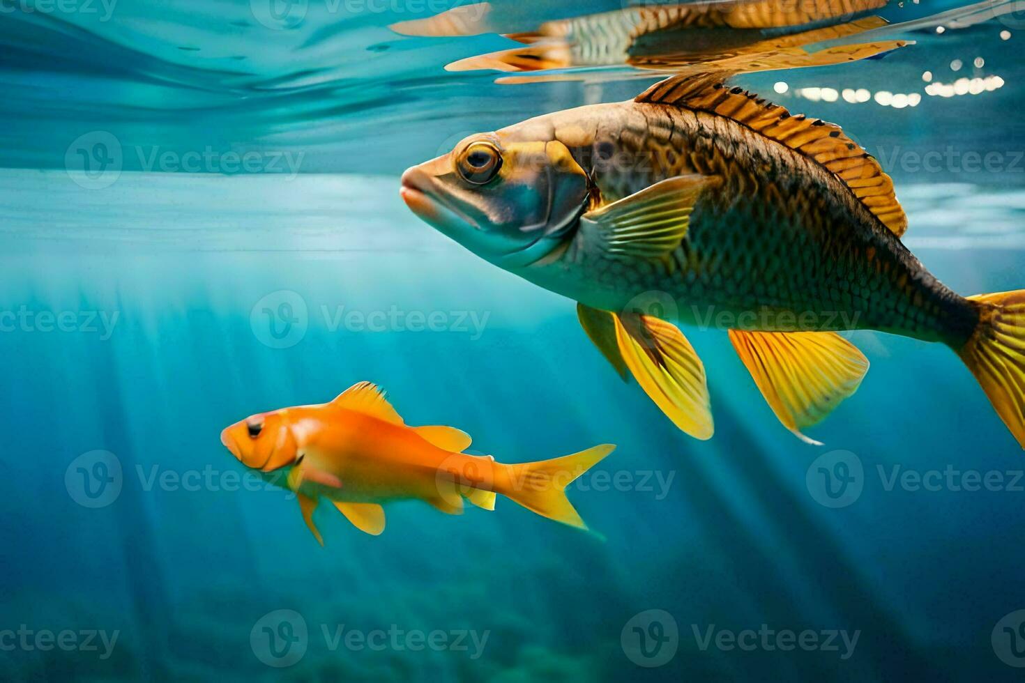 zwei Fisch Schwimmen im das Wasser. KI-generiert foto