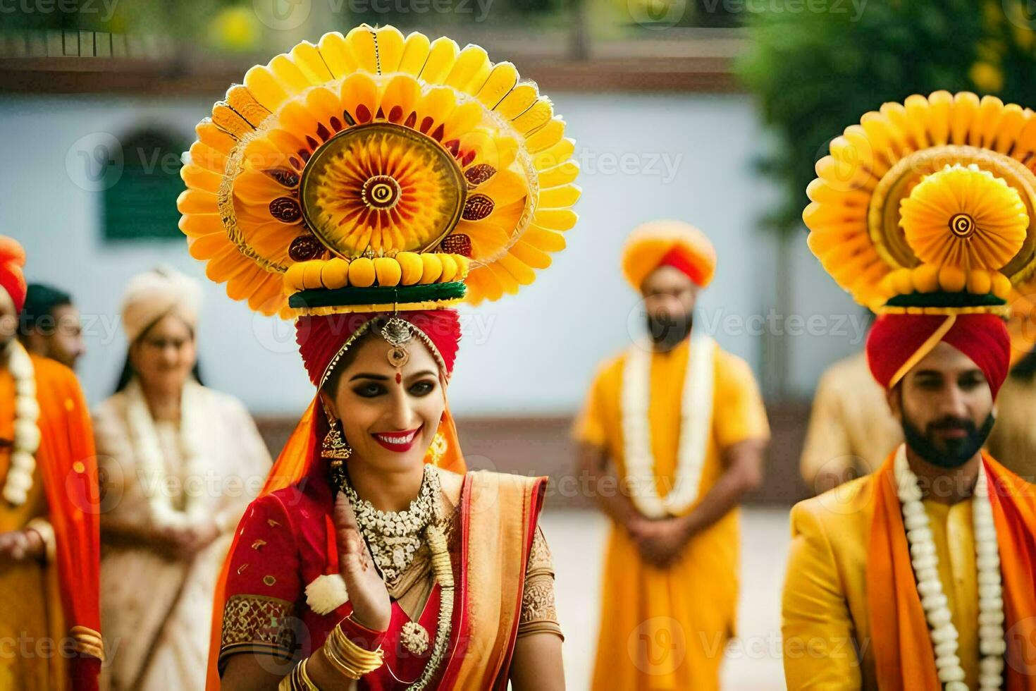 ein Braut und Bräutigam im traditionell indisch Kleidung. KI-generiert foto