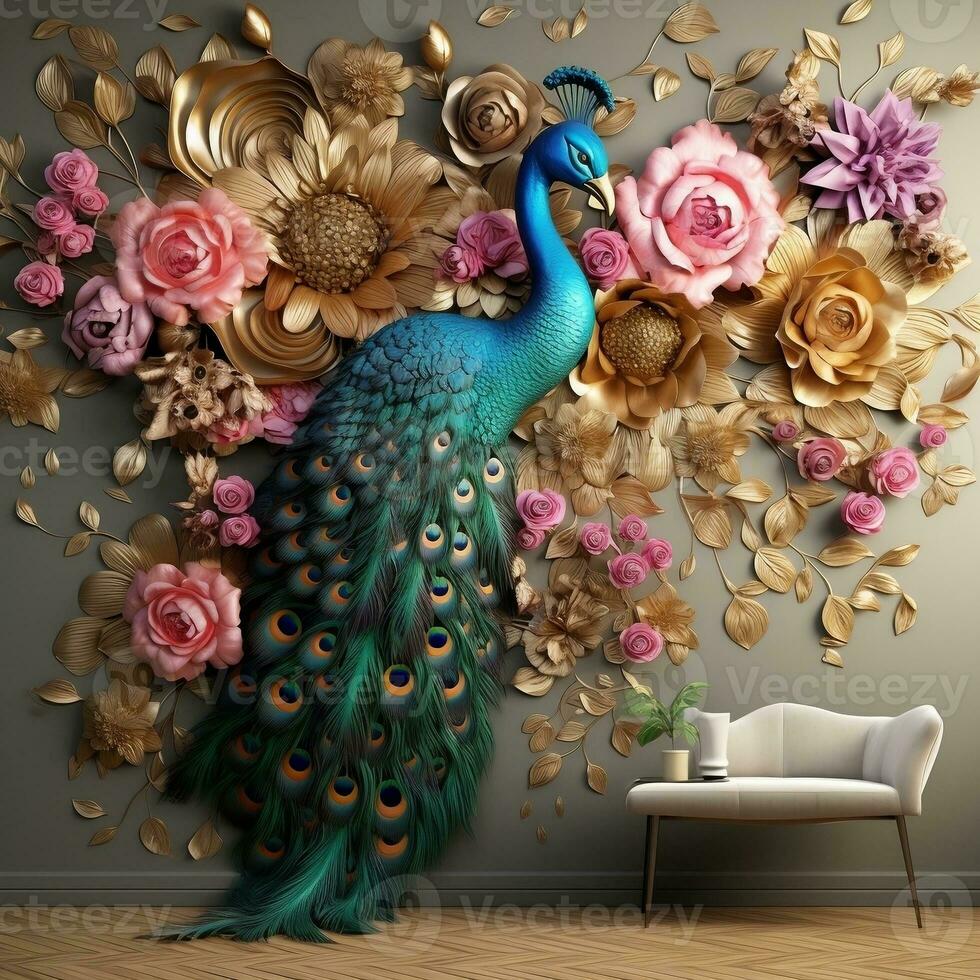 Luxus Blumen mit Pfau Illustration Hintergrund. 3d Innere Wandgemälde Gemälde und Mauer Kunst Dekor generativ ai foto