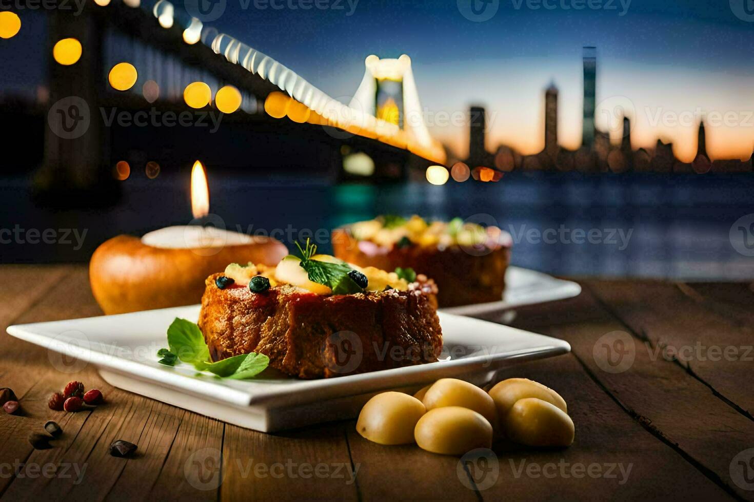 das Essen ist serviert auf ein hölzern Tabelle mit ein Kerze und ein Aussicht von das Stadt. KI-generiert foto