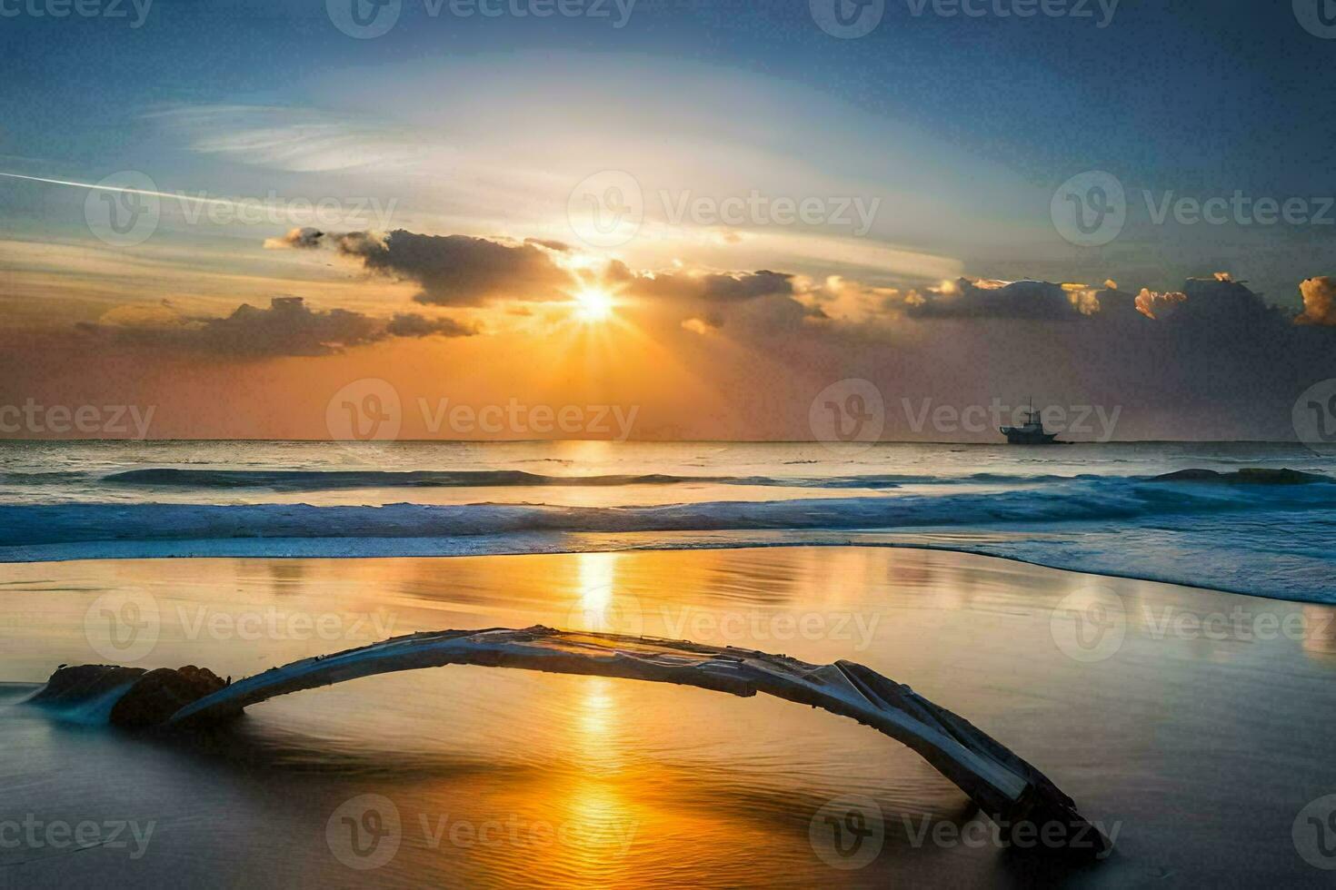 das Sonne steigt an Über das Ozean und das Strand. KI-generiert foto