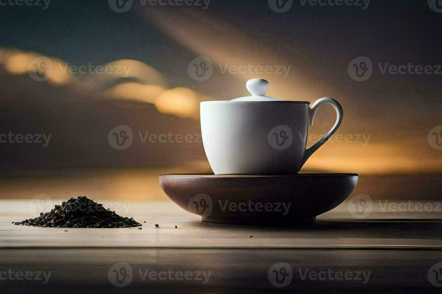 ein Tasse von Kaffee auf ein hölzern Tabelle mit ein Sonnenuntergang im das Hintergrund. KI-generiert foto