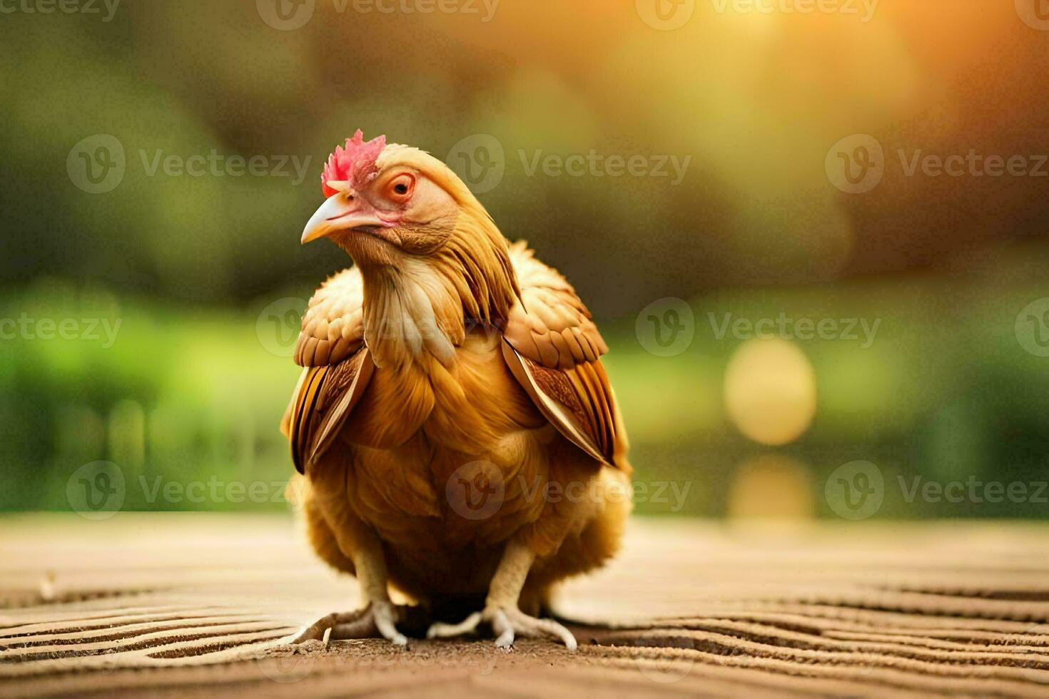 ein Hähnchen ist Sitzung auf ein hölzern Tisch. KI-generiert foto