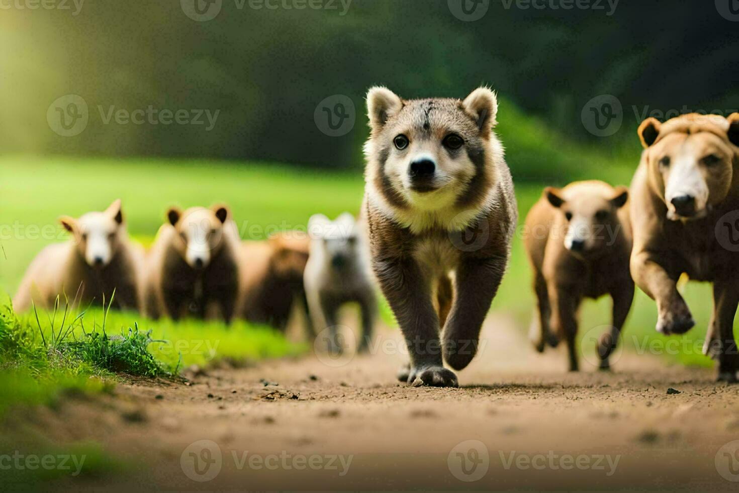 ein Gruppe von braun Bären Gehen auf ein Schmutz Straße. KI-generiert foto