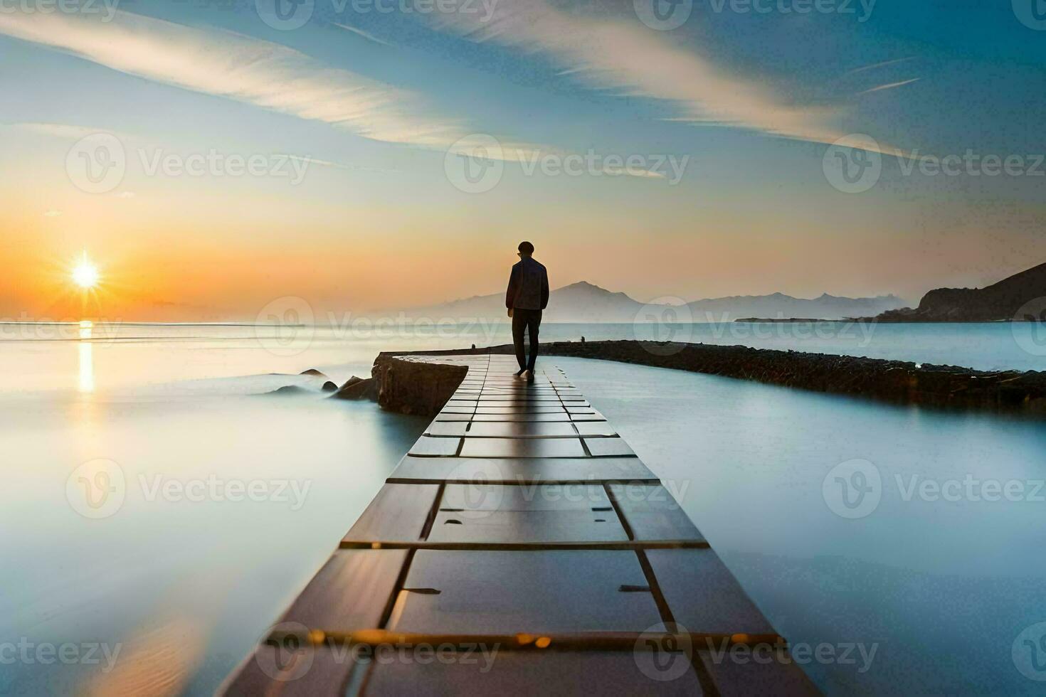 ein Mann Stehen auf ein Seebrücke suchen beim das Sonne Einstellung. KI-generiert foto