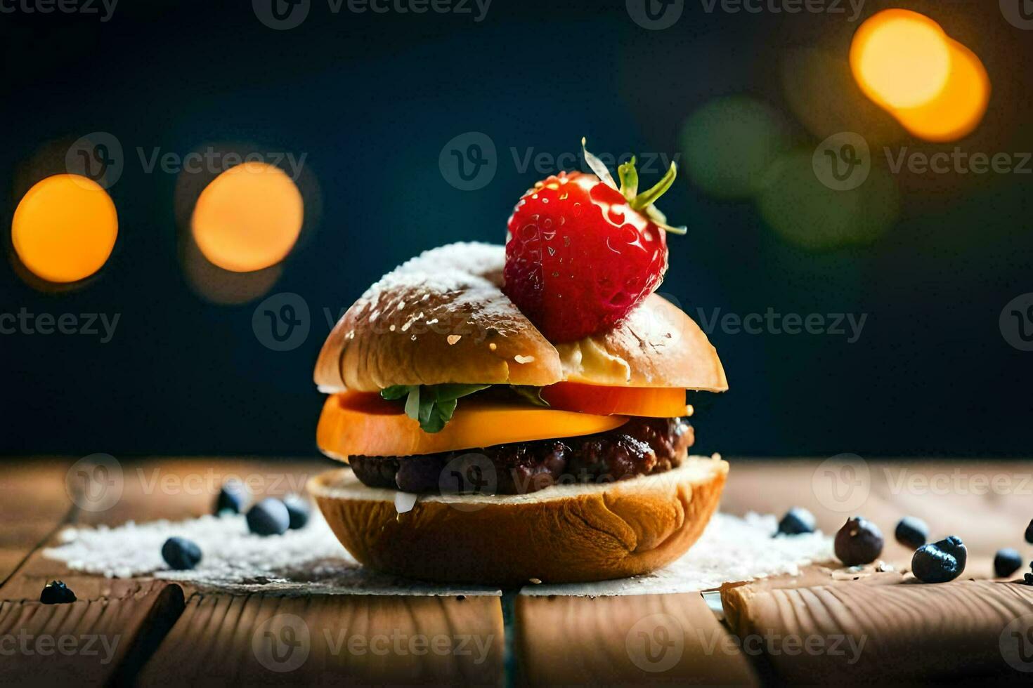 ein Hamburger mit Erdbeeren und ein Kirsche auf oben. KI-generiert foto