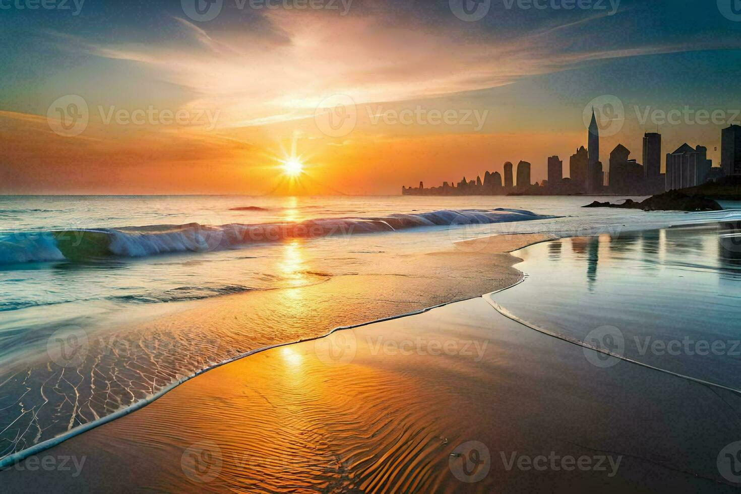 das Sonne steigt an Über das Stadt Horizont im Dubai. KI-generiert foto