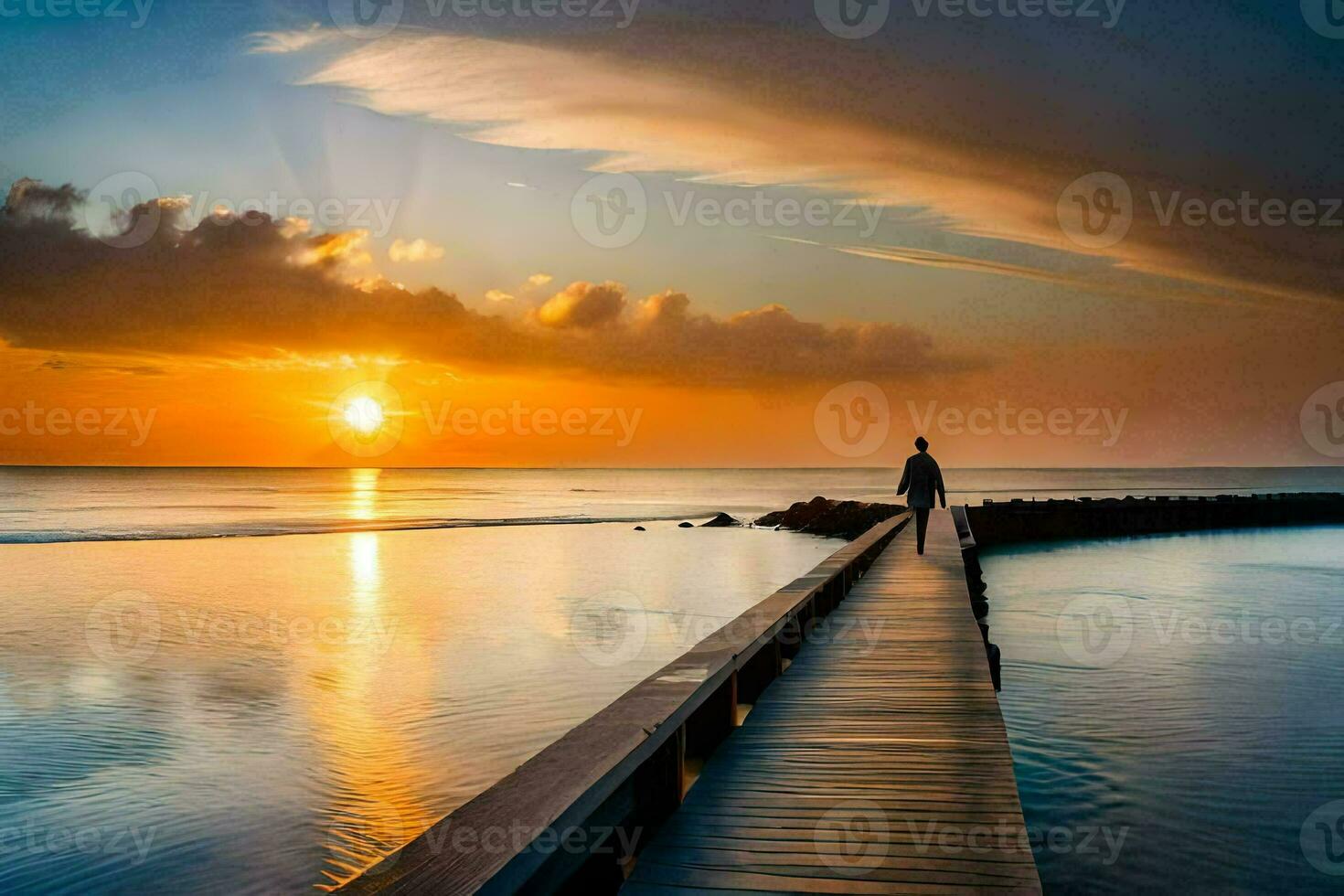 das Mann ist Stehen auf das hölzern Seebrücke beim Sonnenuntergang. KI-generiert foto