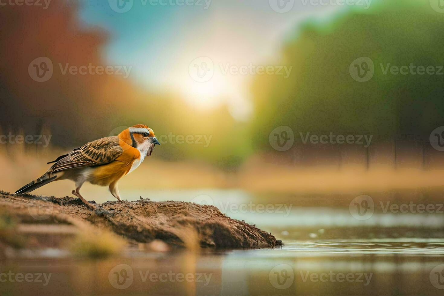 ein Vogel ist Stehen auf ein Felsen durch das Wasser. KI-generiert foto