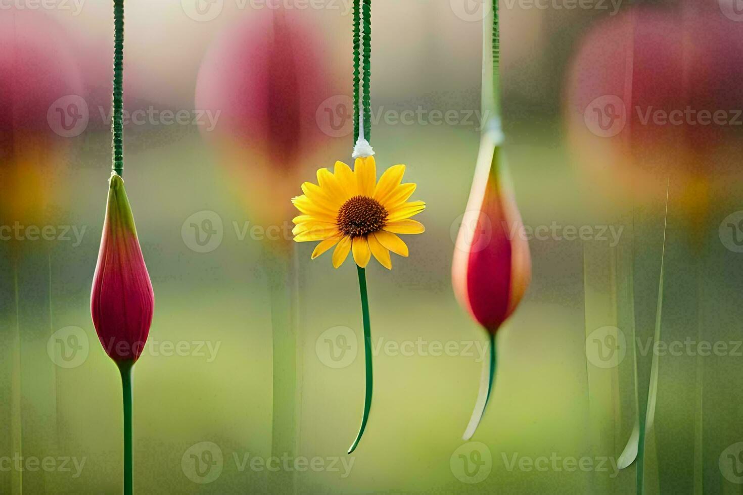 ein Gelb Blume ist hängend von ein Schnur. KI-generiert foto