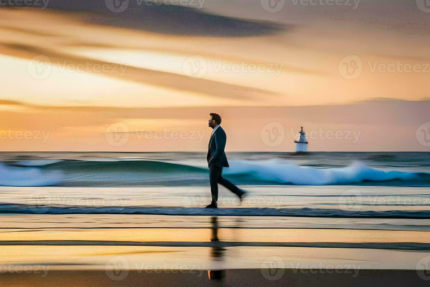 ein Mann im ein passen Spaziergänge entlang das Strand beim Sonnenuntergang. KI-generiert foto