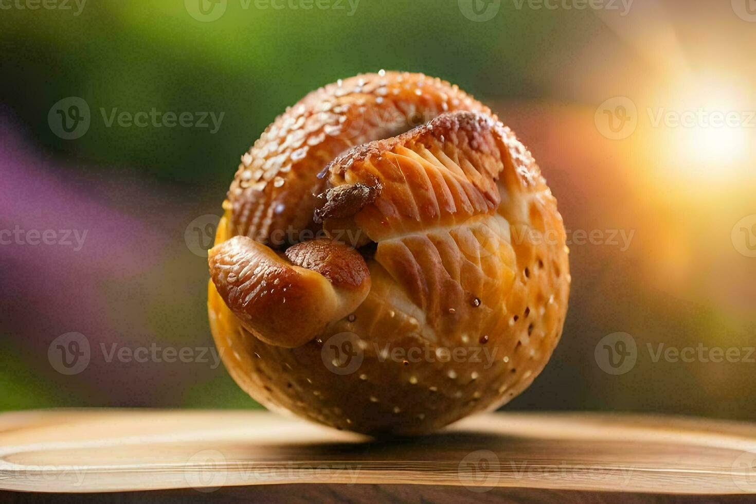 ein schließen oben von ein gebacken Ei auf ein hölzern Tisch. KI-generiert foto