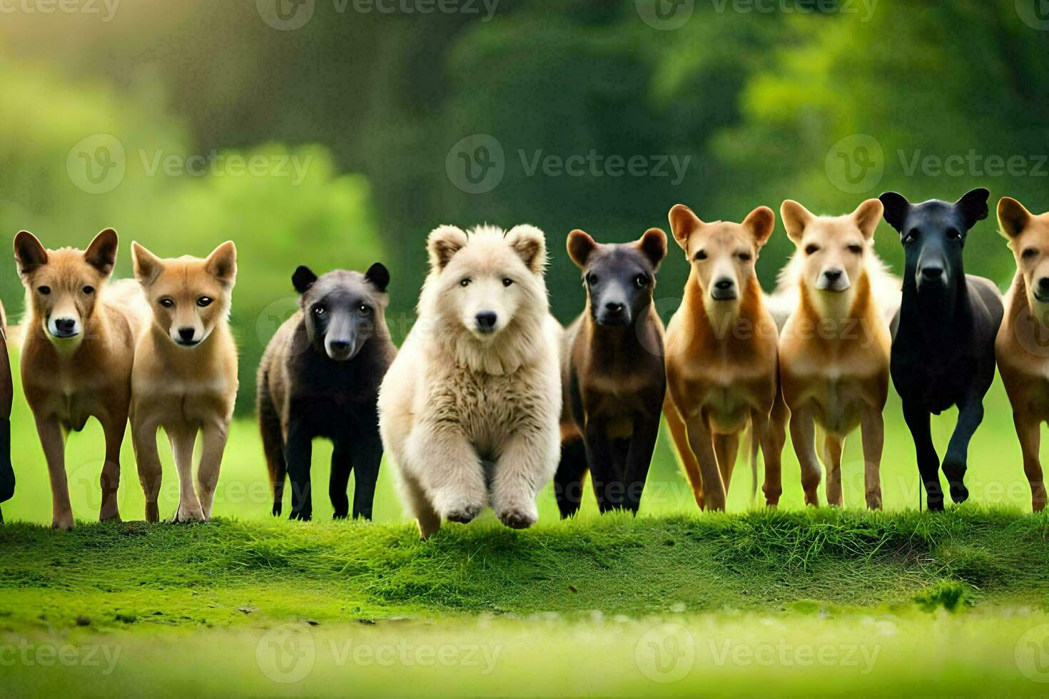 ein Gruppe von Hunde Laufen im ein Feld. KI-generiert foto