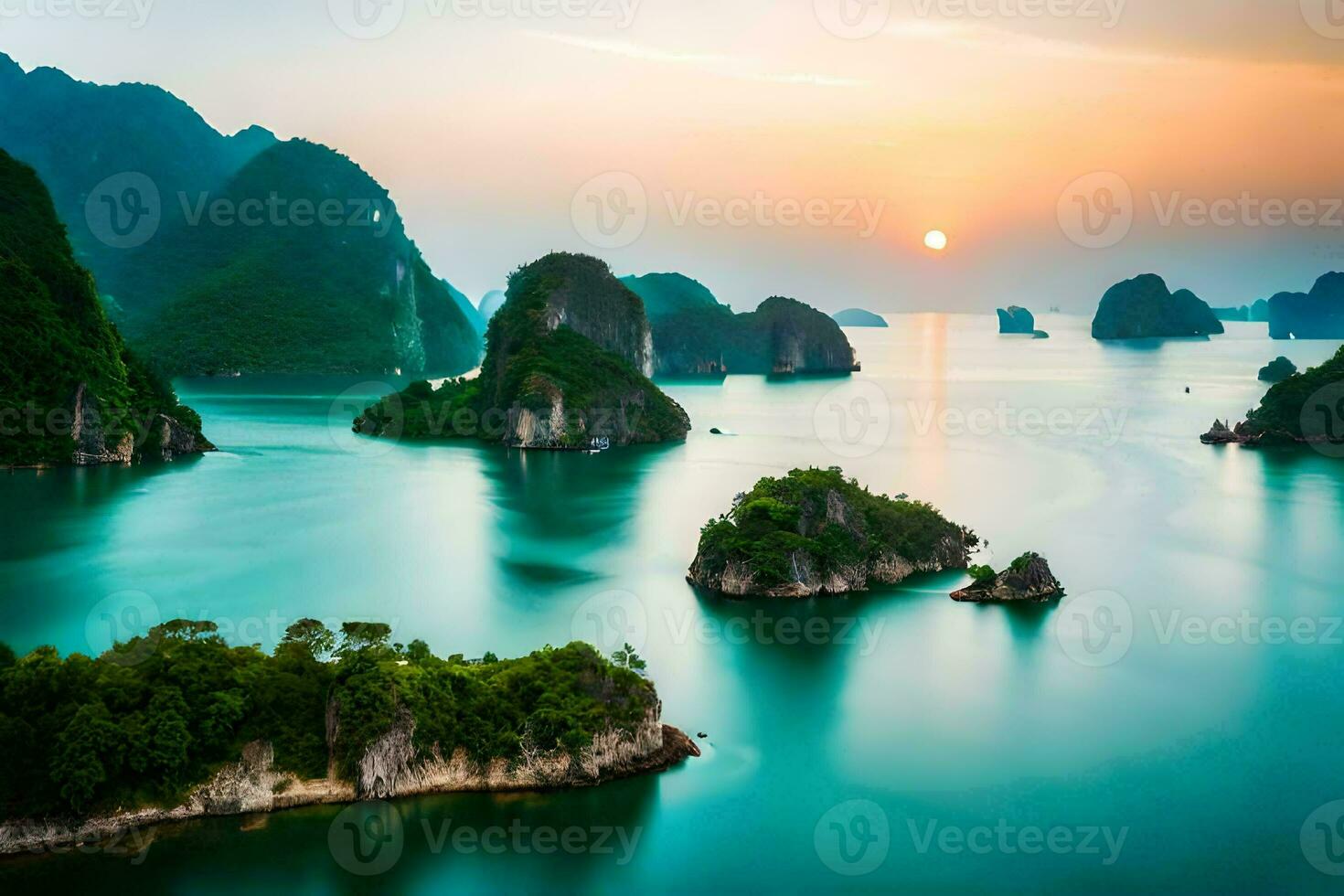 das Sonne setzt Über das Wasser im Halong Bucht, Vietnam. KI-generiert foto