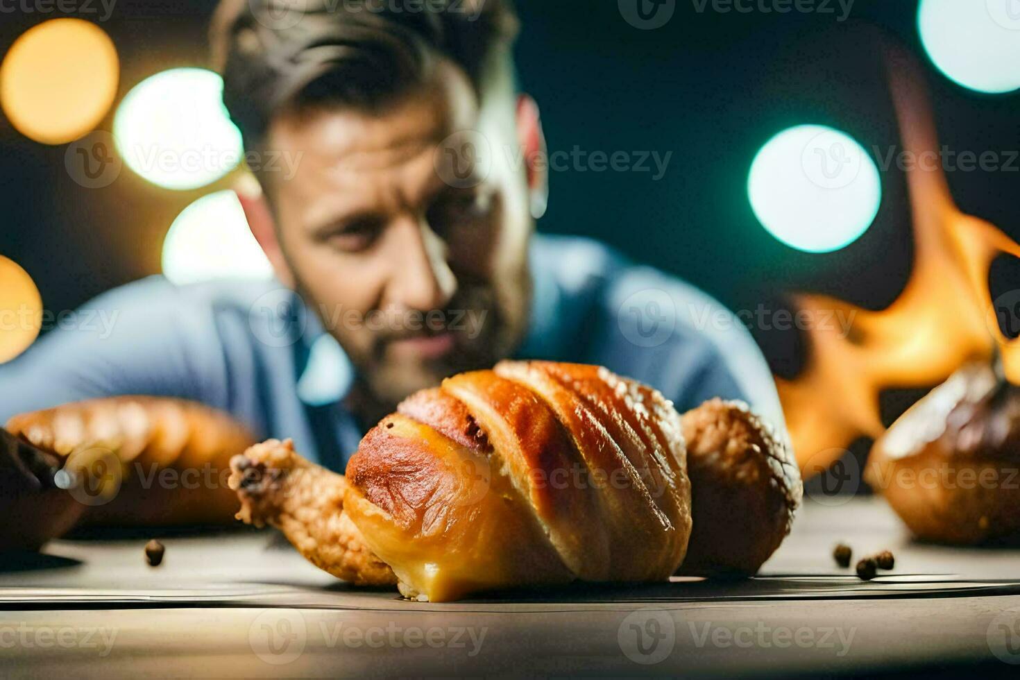 ein Mann ist suchen beim ein Croissant mit Flammen hinter ihn. KI-generiert foto