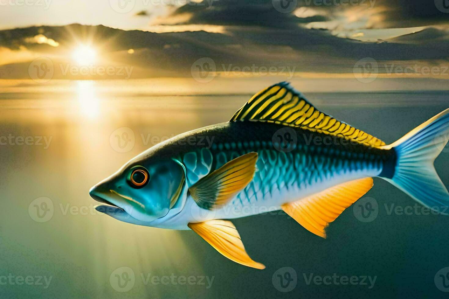 ein Fisch Schwimmen im das Ozean beim Sonnenuntergang. KI-generiert foto