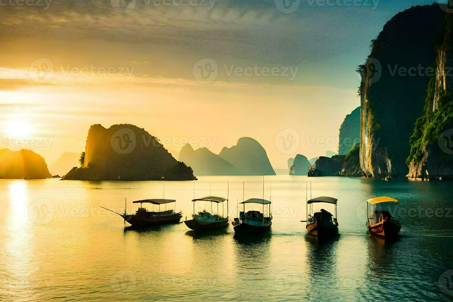 Boote im das Wasser beim Sonnenuntergang mit Berge im das Hintergrund. KI-generiert foto