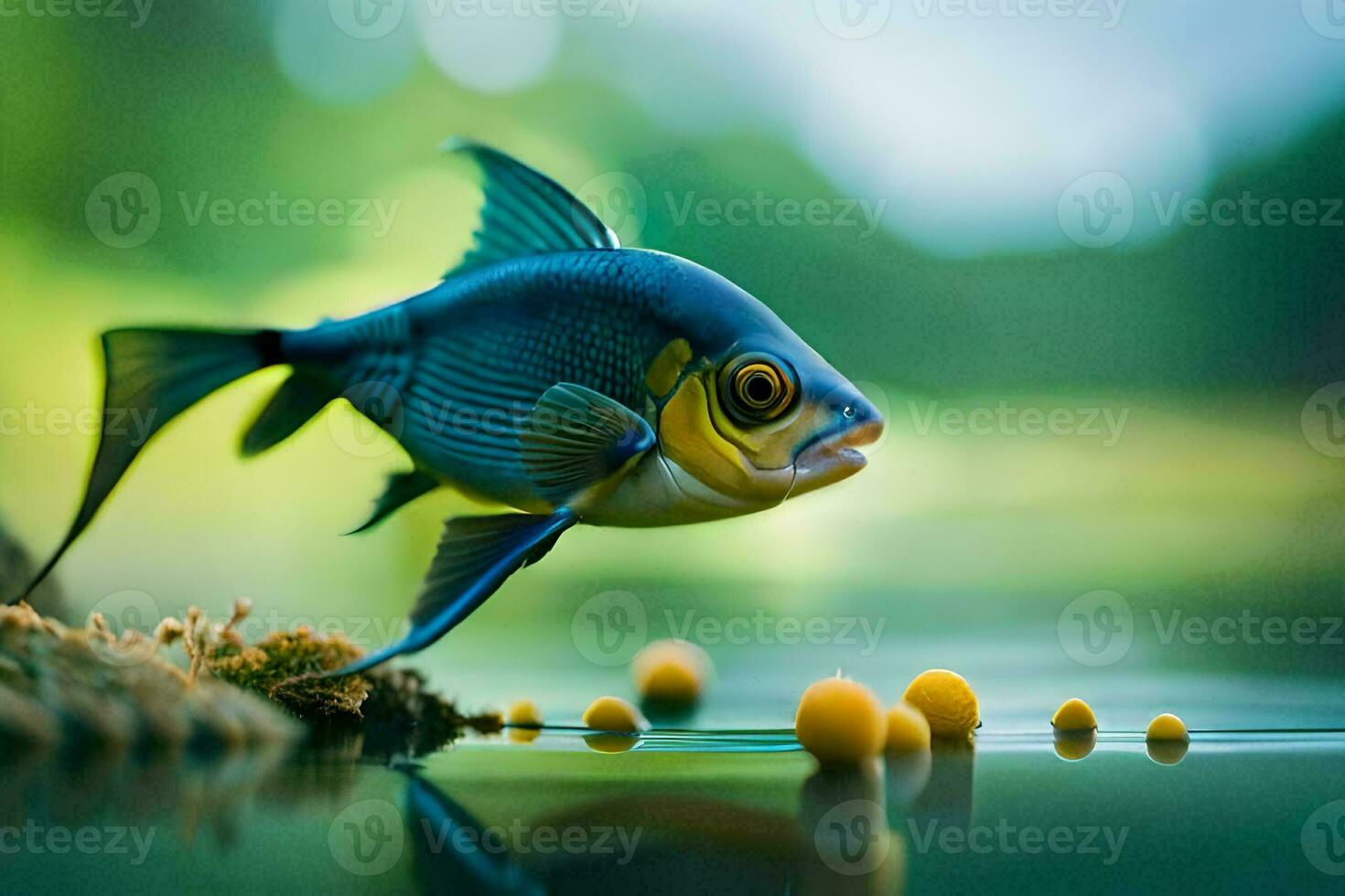 ein Fisch ist Schwimmen im das Wasser mit etwas Lebensmittel. KI-generiert foto