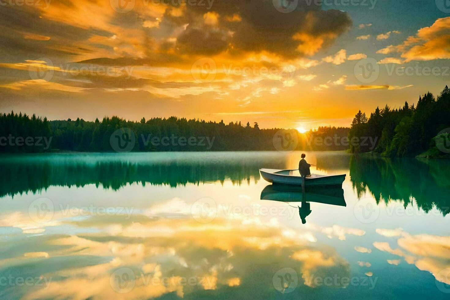 ein Mann im ein Boot auf ein See beim Sonnenuntergang. KI-generiert foto