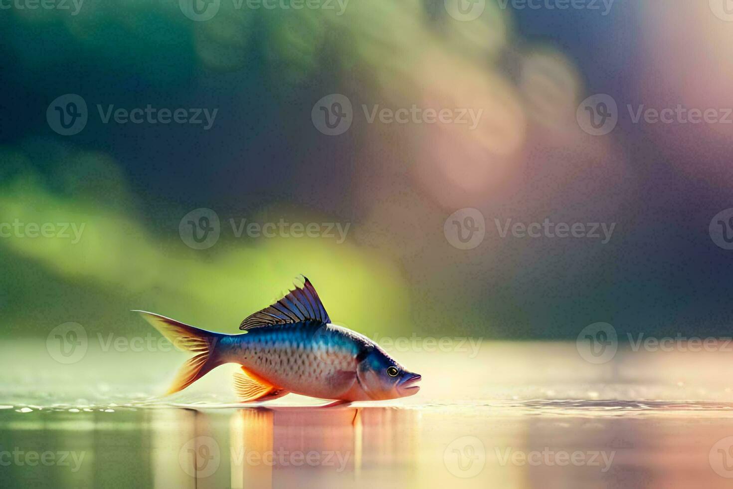 ein Fisch ist Stehen auf das Wasser mit ein verschwommen Hintergrund. KI-generiert foto