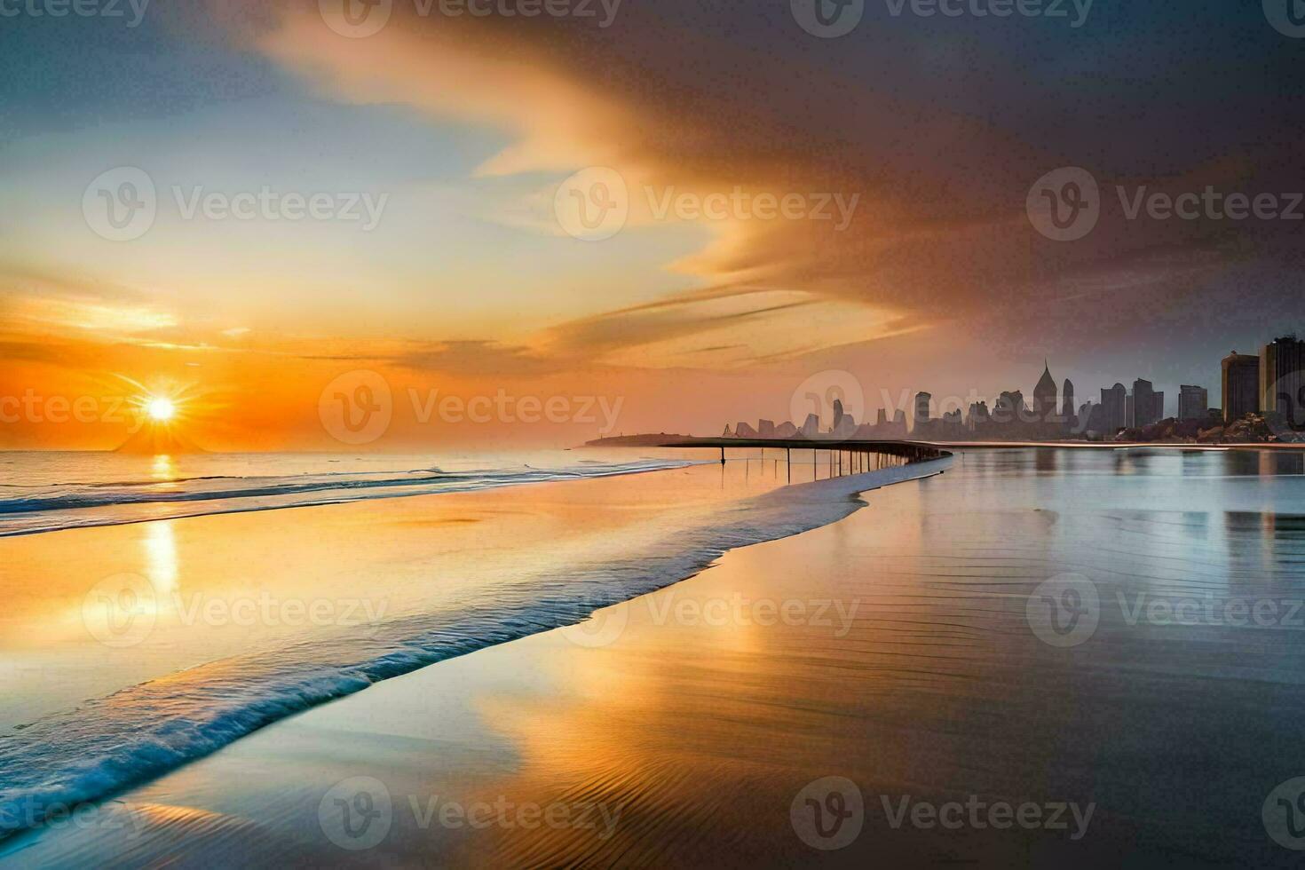 das Sonne setzt Über das Stadt Horizont auf ein Strand. KI-generiert foto