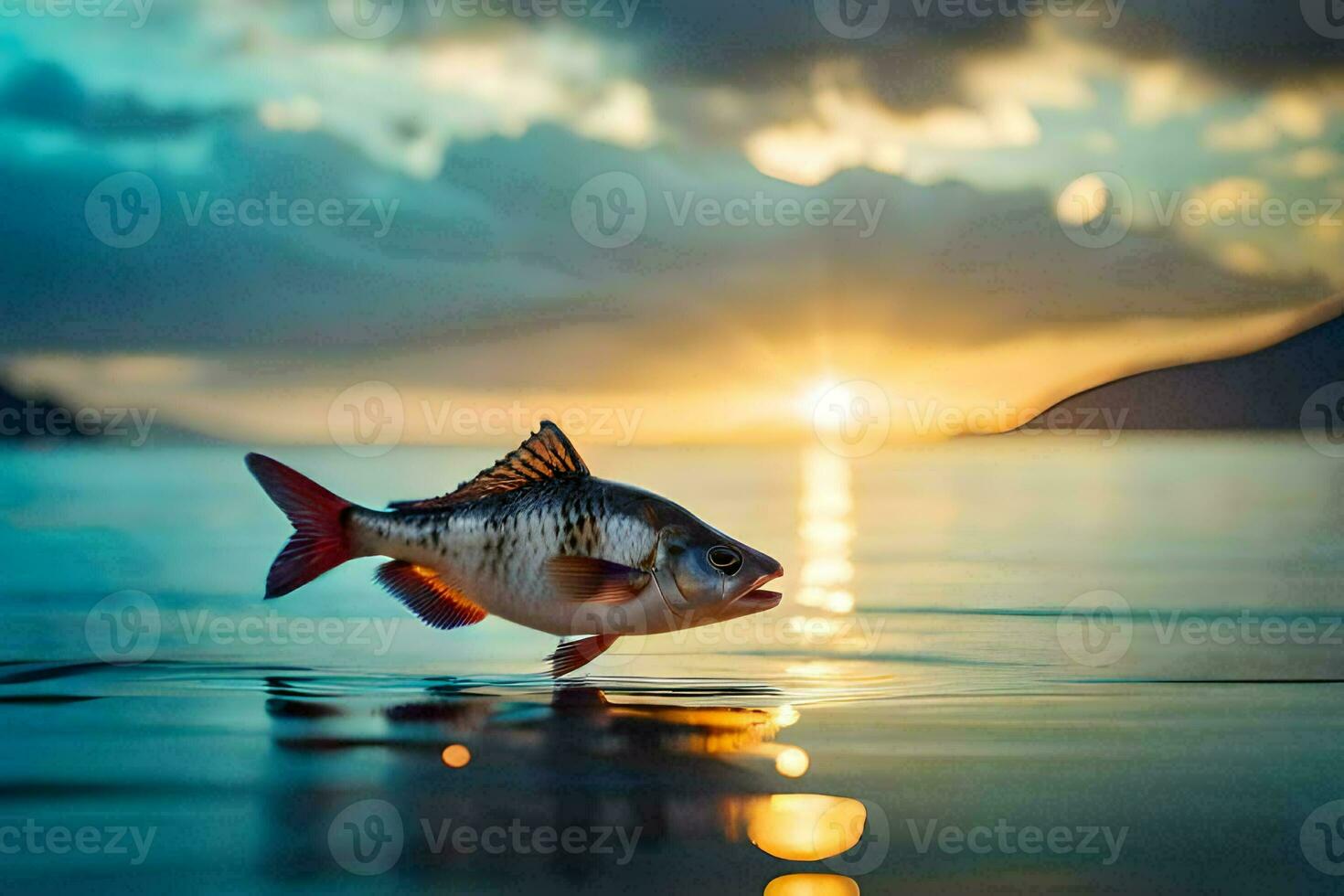 ein Fisch ist Schwimmen im das Wasser beim Sonnenuntergang. KI-generiert foto