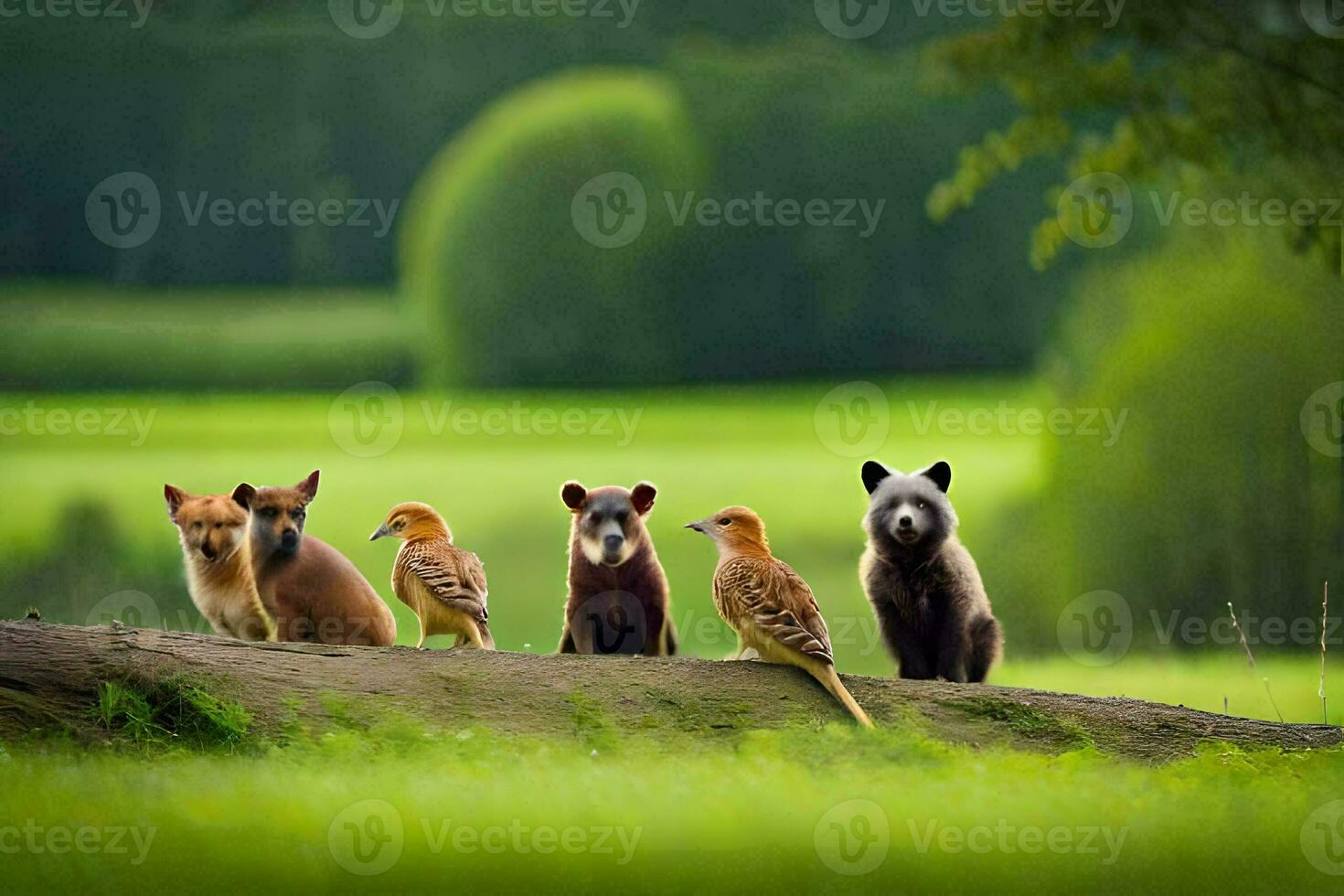 ein Gruppe von Tiere Sitzung auf ein Log im ein Feld. KI-generiert foto