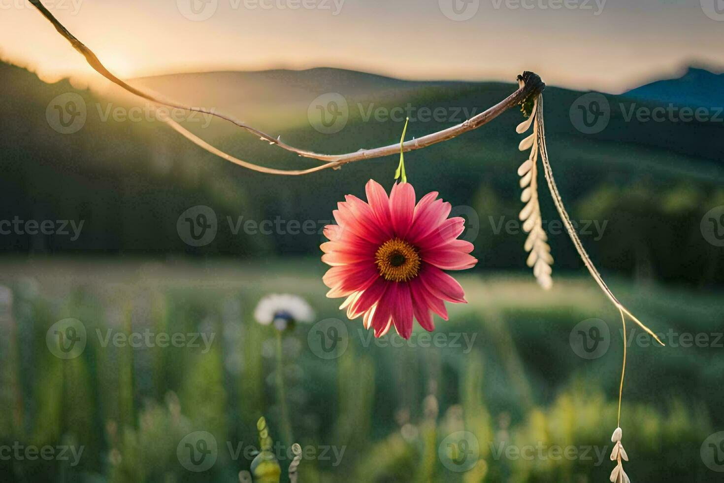 ein Rosa Blume ist hängend von ein Ast im ein Feld. KI-generiert foto