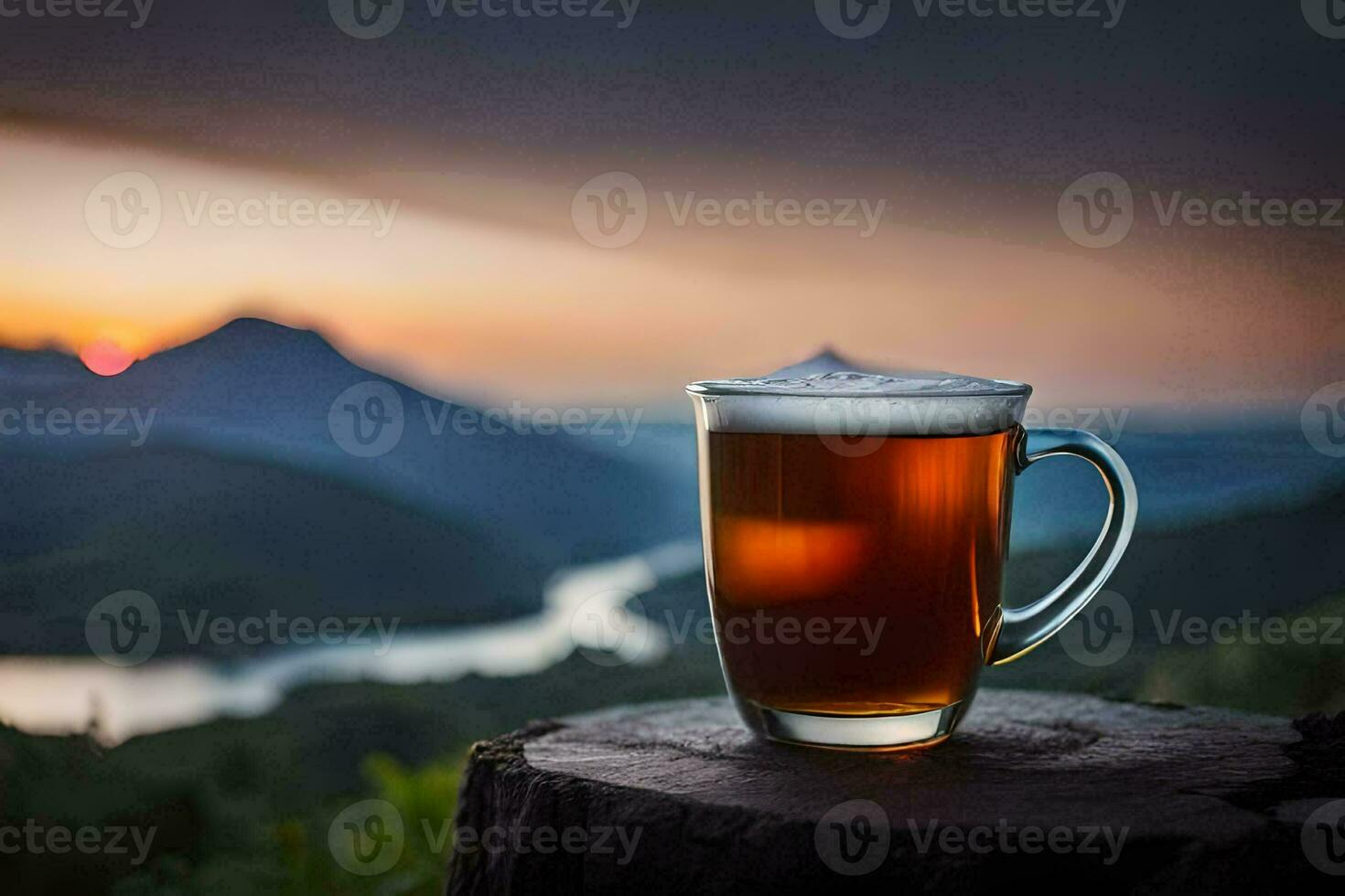 ein Becher von Bier auf ein Stumpf im Vorderseite von ein See. KI-generiert foto