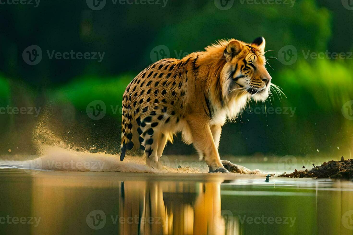 ein Tiger Gehen über das Wasser im das Wald. KI-generiert foto