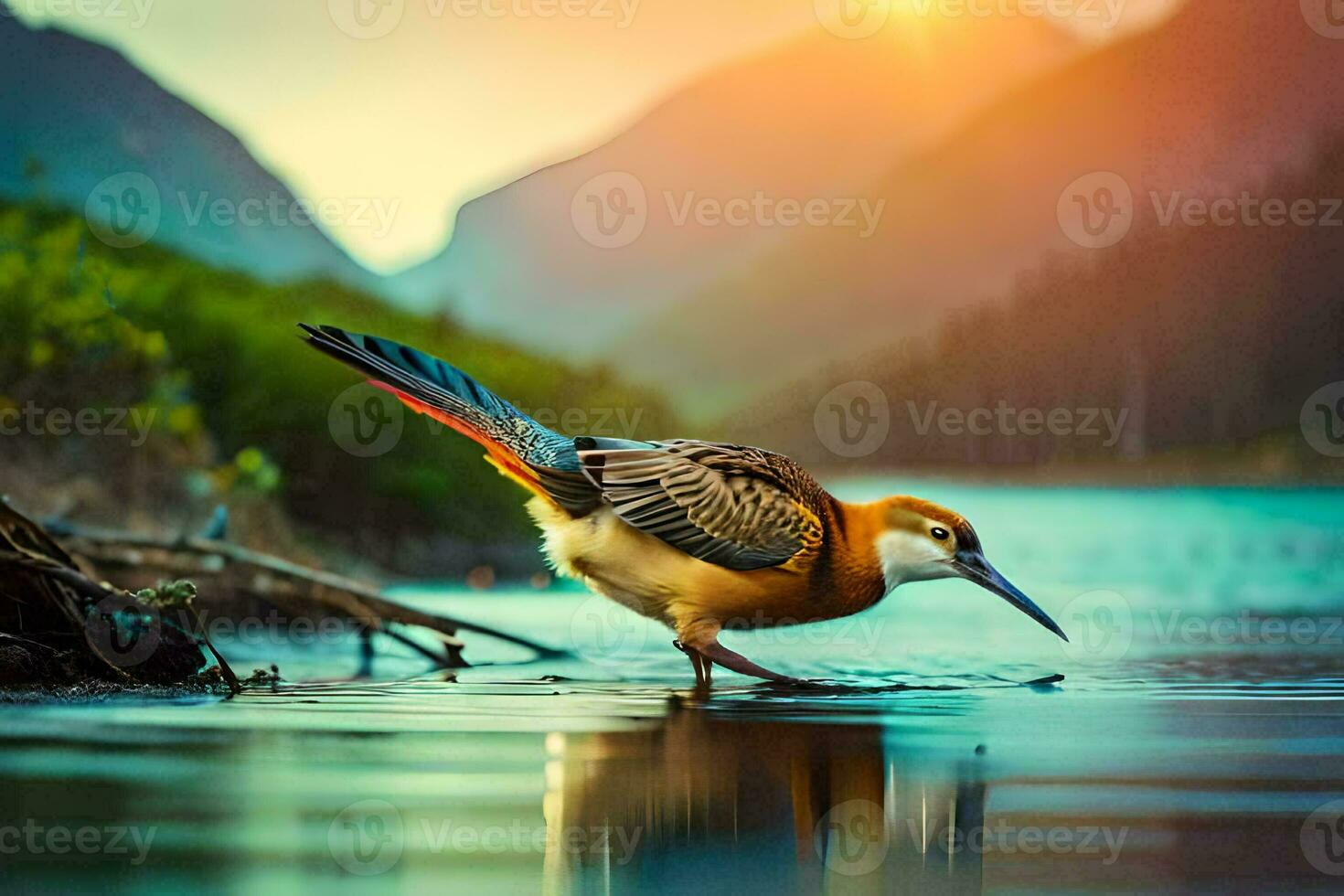 ein Vogel Stehen auf das Ufer von ein Fluss. KI-generiert foto