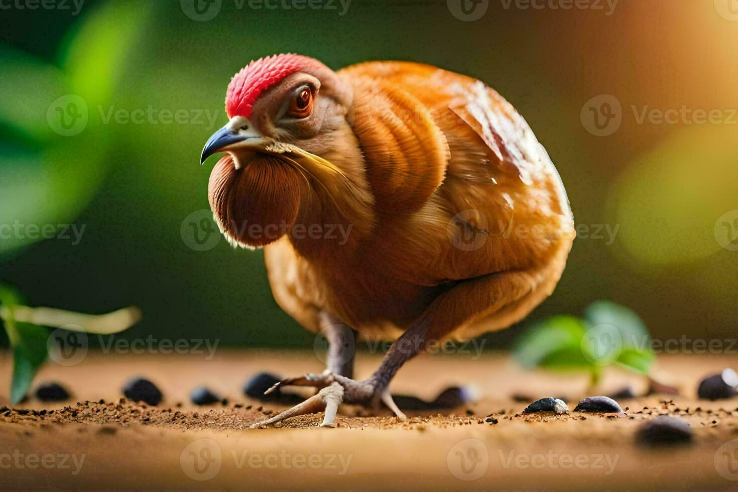 ein Hähnchen Gehen auf das Boden mit Schmutz und Blätter. KI-generiert foto