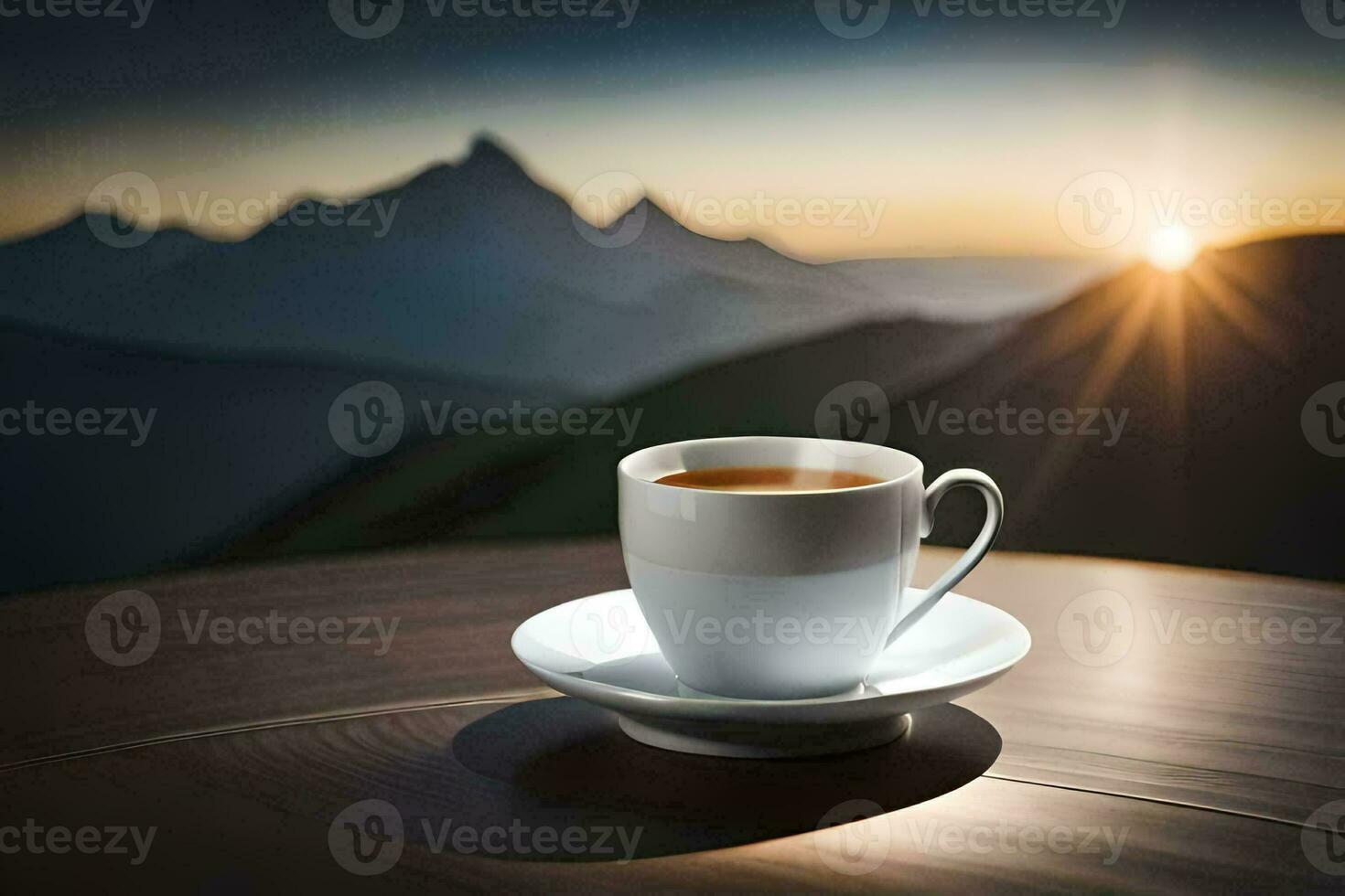 ein Tasse von Kaffee auf ein Tabelle im Vorderseite von Berge. KI-generiert foto