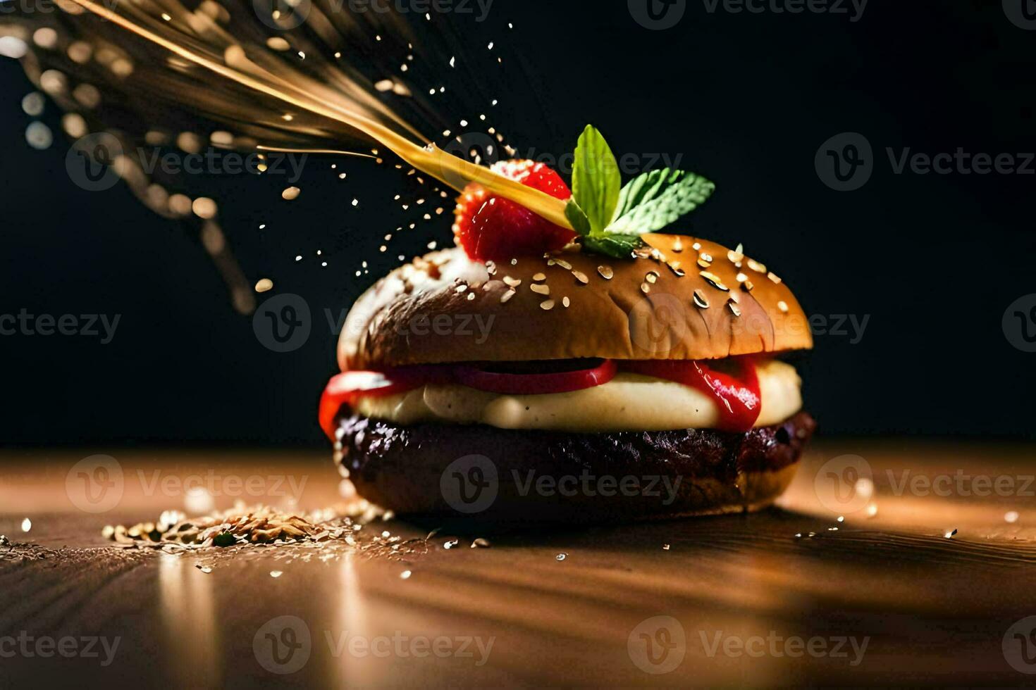 ein Hamburger mit Sträusel und ein Erdbeere. KI-generiert foto