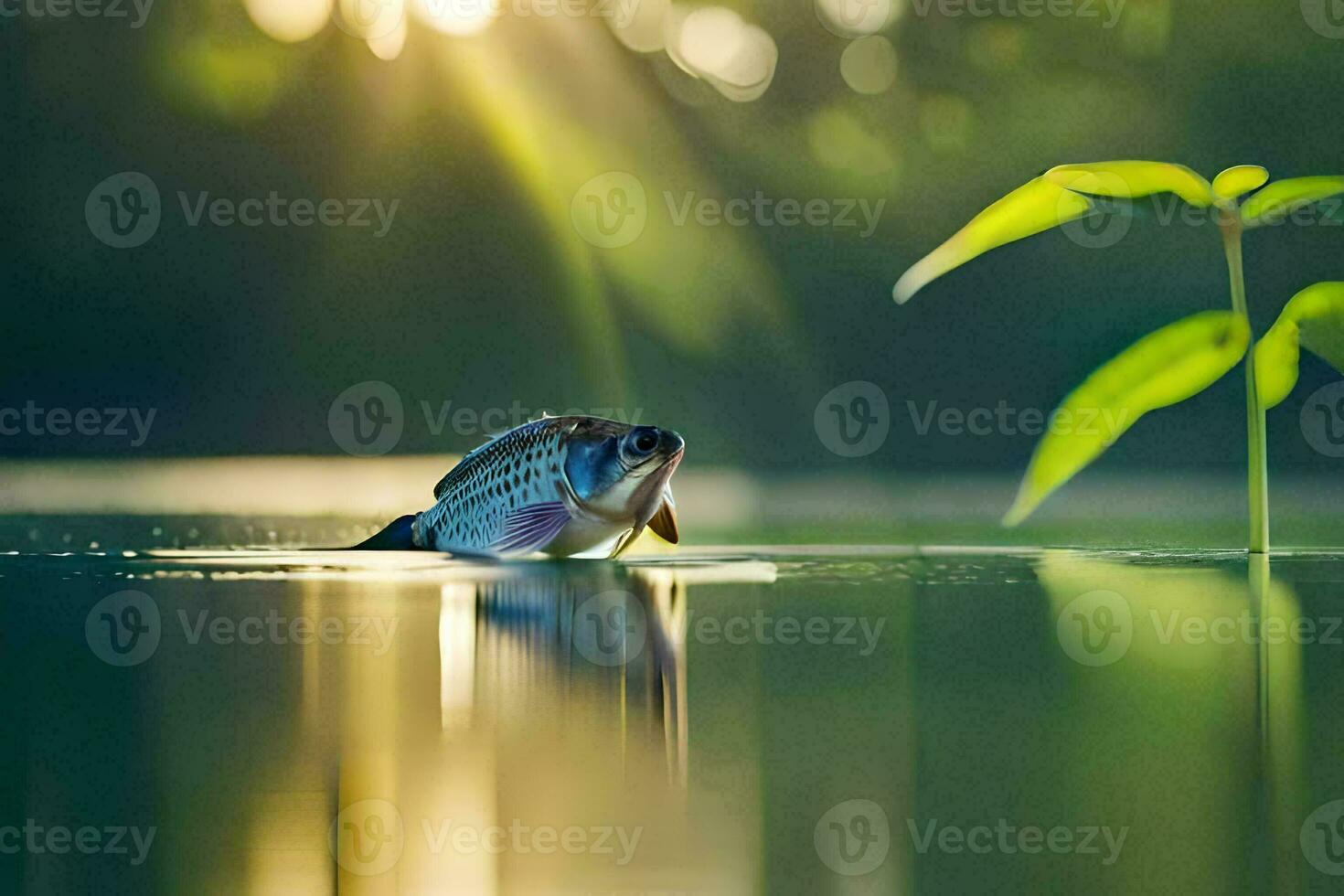 ein Fisch Schwimmen im das Wasser mit ein Pflanze. KI-generiert foto