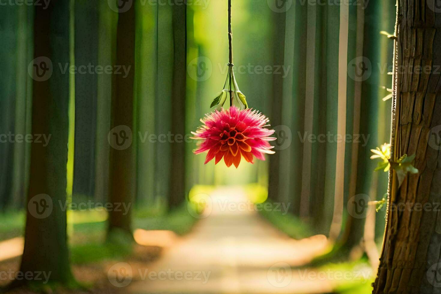 ein Rosa Blume hängend von ein Baum im ein Wald. KI-generiert foto