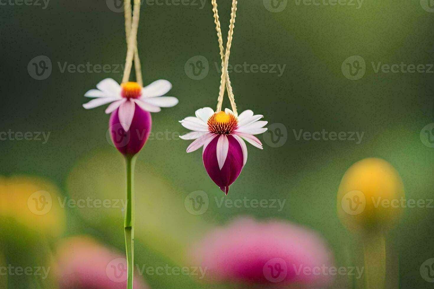 zwei Rosa Blumen hängend von ein Schnur. KI-generiert foto