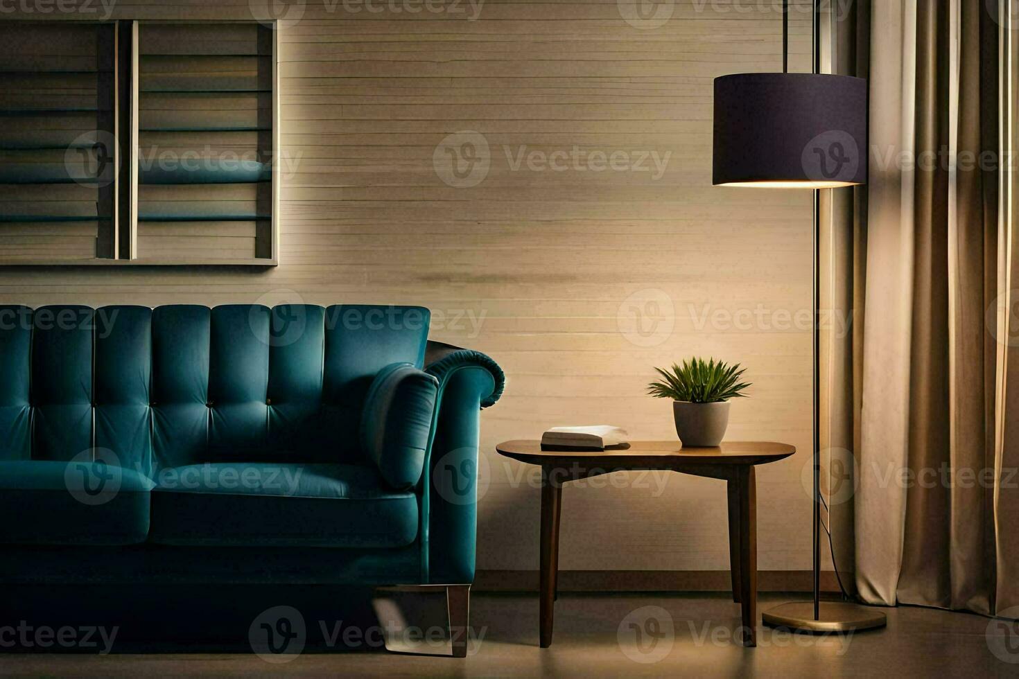 ein Blau Couch und Lampe im ein Zimmer. KI-generiert foto