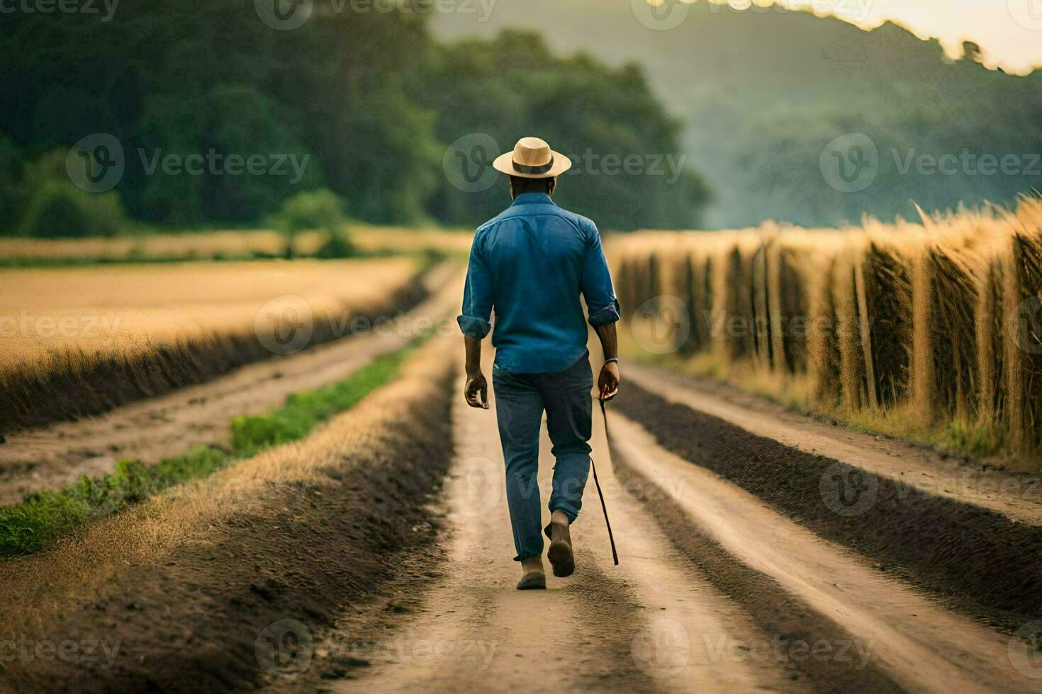 ein Mann Gehen Nieder ein Schmutz Straße im ein Feld. KI-generiert foto