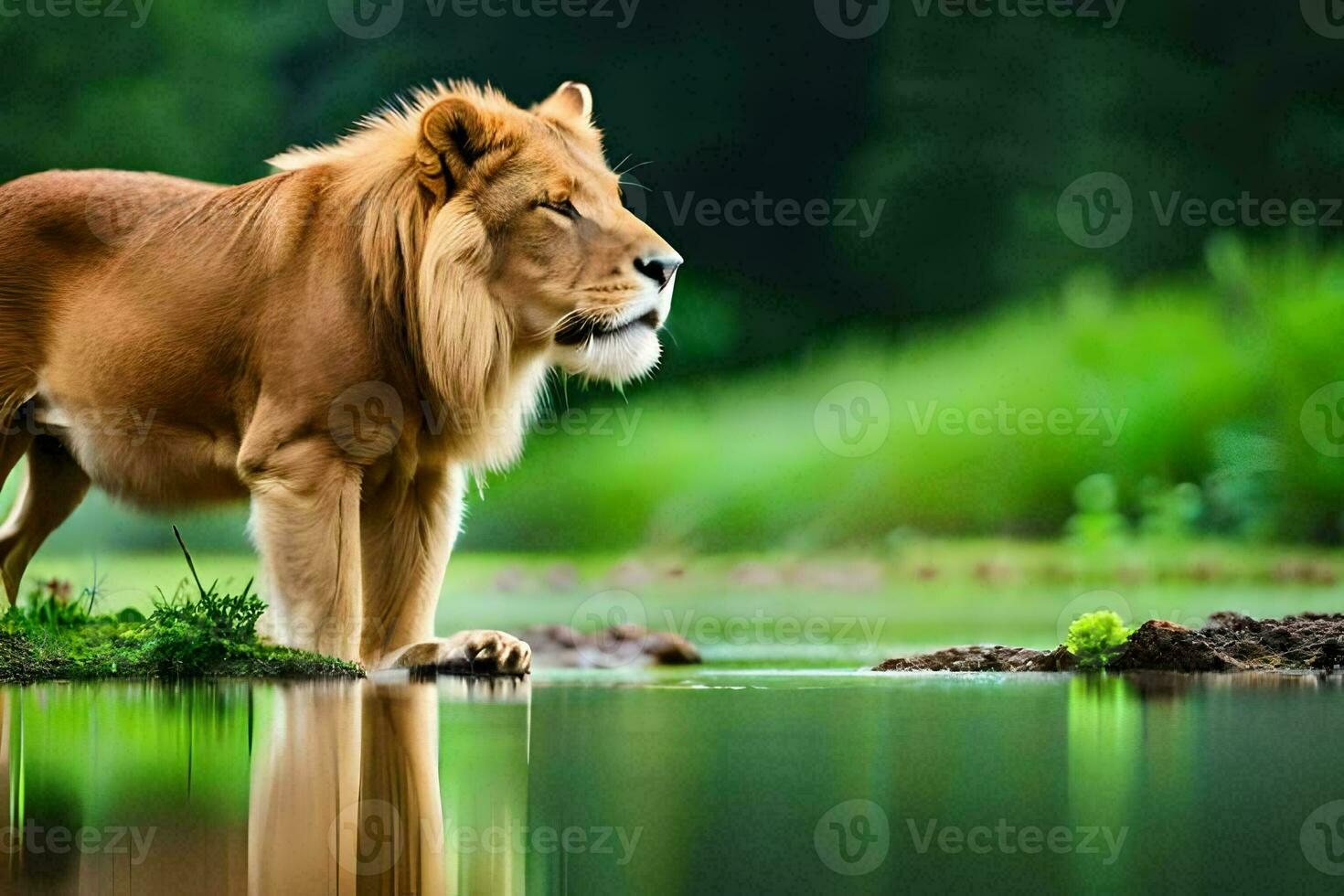 ein Löwe Stehen im das Wasser mit Gras und Bäume im das Hintergrund. KI-generiert foto